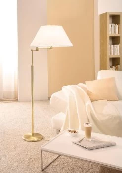 Lampadaire à Chaînette Ajustable En Hauteur Métal Doré Mat Et Brillant Abat-jour Blanc