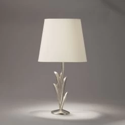 Lampe De Table Nickel Satiné Pied Forme Végétale Lys Et Abat-jour Ovale