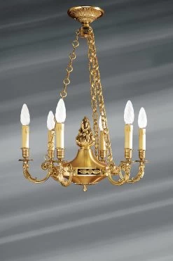 Lustre Doré Style Directoire, Bronze Massif, Doré, Six Lumières
