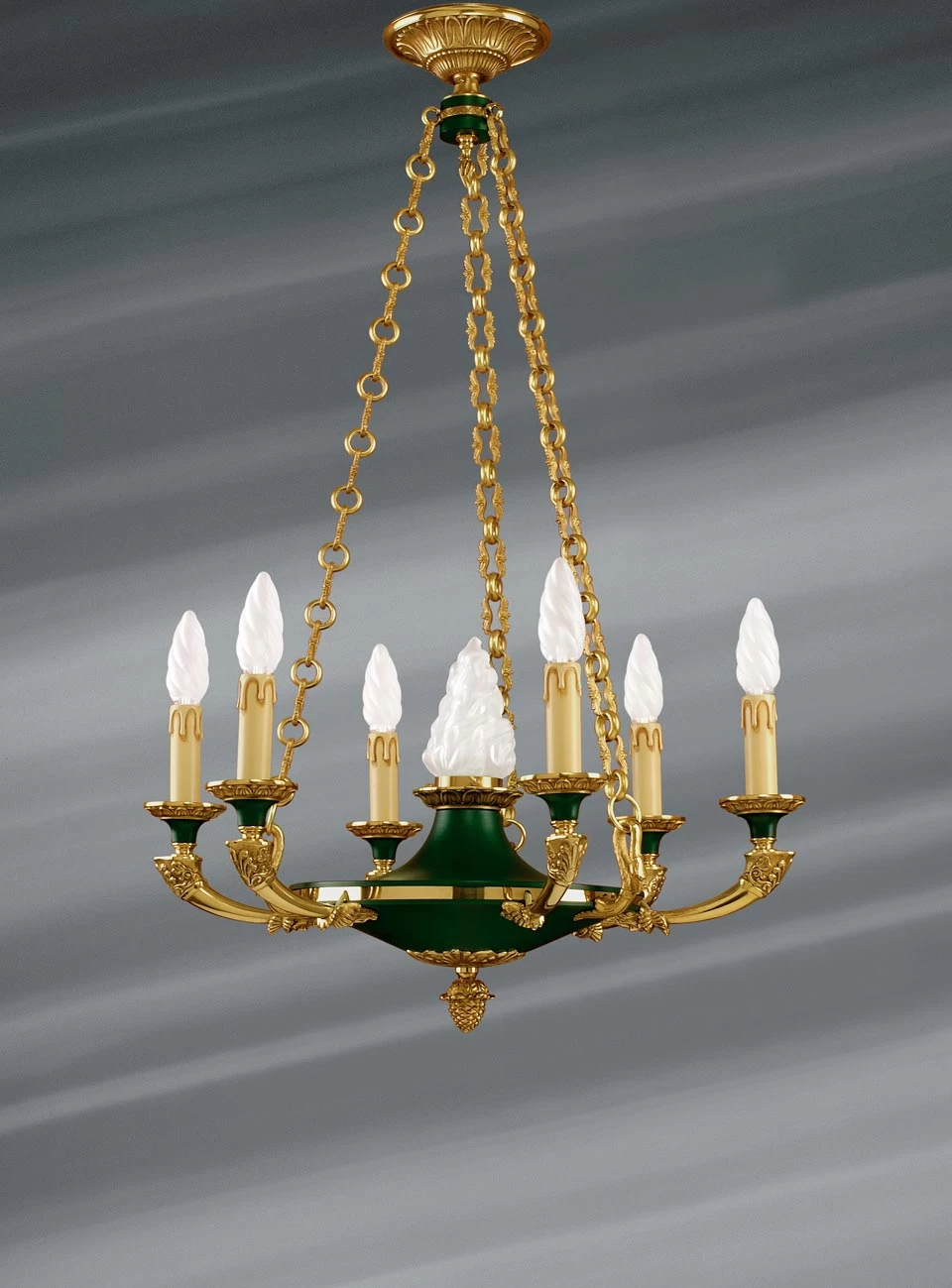 Lustre En Bronze Massif De Style Empire, Sept Lumières 1 Lustre En Bronze Massif De Style Empire, Sept Lumières