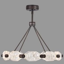 Lustre En Bronze Patiné Aux Dix Cristaux Taillés