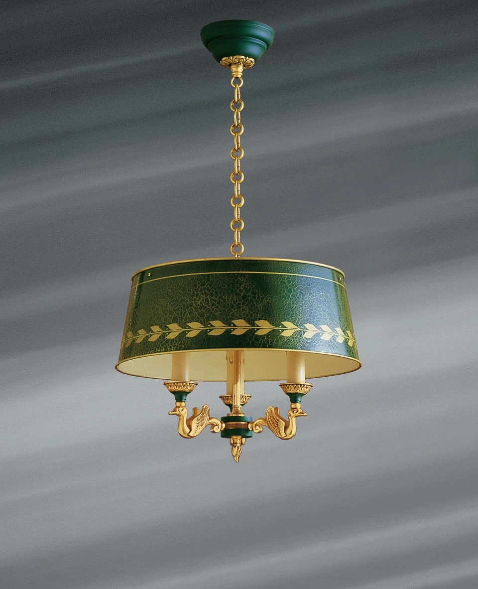 Petit Lustre En Bronze Massif De Style Empire, Trois Lumières Et Abat-jour Laqué 1 Petit Lustre En Bronze Massif De Style Empire, Trois Lumières Et Abat-jour Laqué