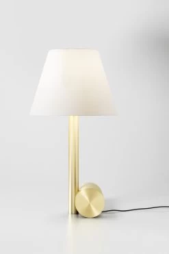 Petite Lampe De Table Calé(e) En Laiton Satiné Et Abat-jour Blanc