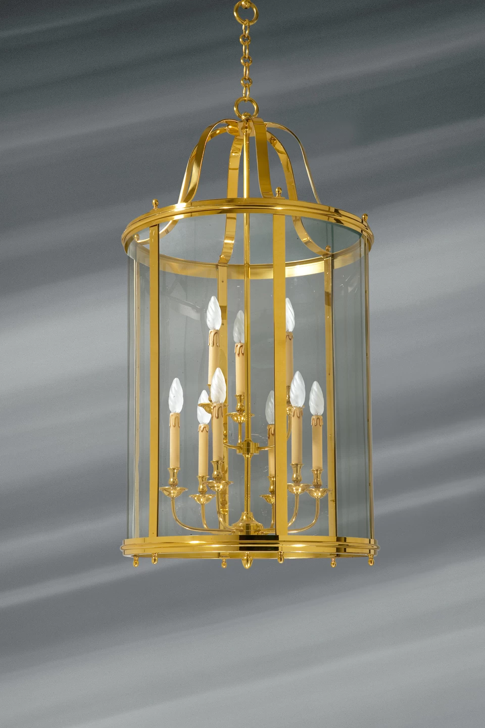 Très Grande Lanterne En Verre Courbé Et Bronze Massif Neuf Lumières 1 Très Grande Lanterne En Verre Courbé Et Bronze Massif Neuf Lumières